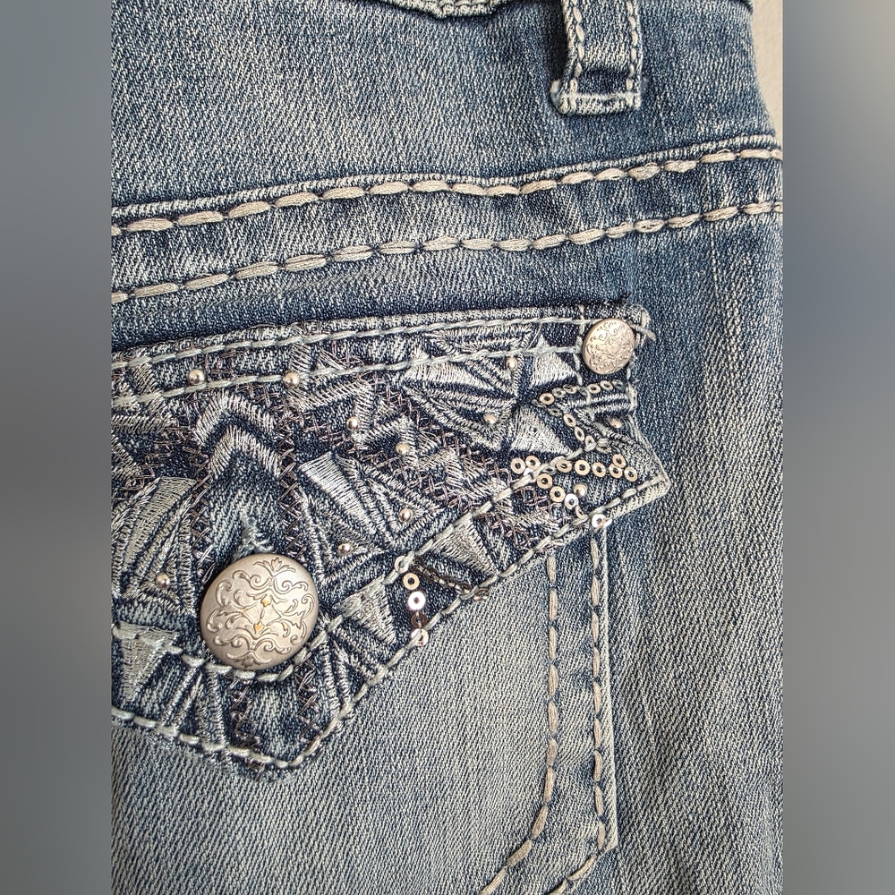 Paisley Sky Women Blue Denim Jeans Pants Bootcut Y2K Sz 18W Embellished Pockets - Picture 6 of 8